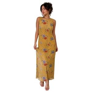 ZANONI BY JALATE 90s Yellow Floral Mesh Maxi Dress‎ garden party Lettuce Hem M